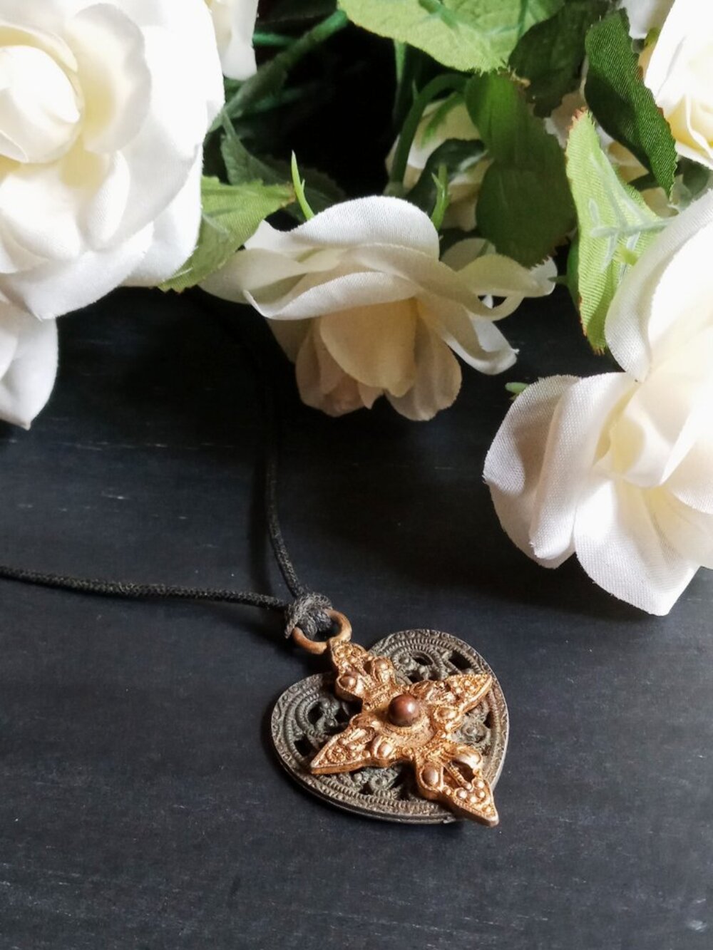 Antique-style Mixed-metal Heart & Cross Pendant Black Cord Choker Necklace